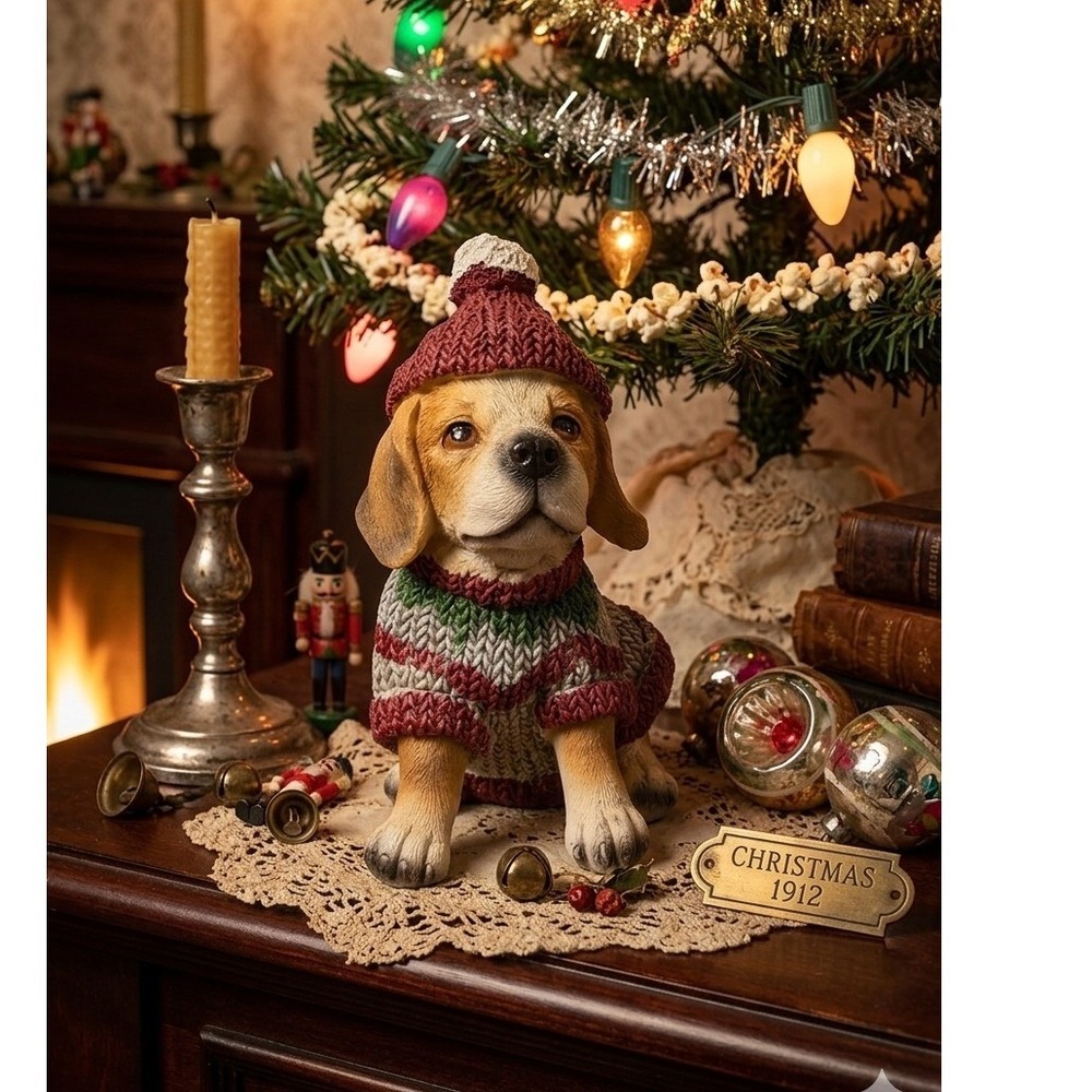 Christmas Beagle Puppy Figurine Holiday Dog Statue Red Knit Sweater Beanie Decor